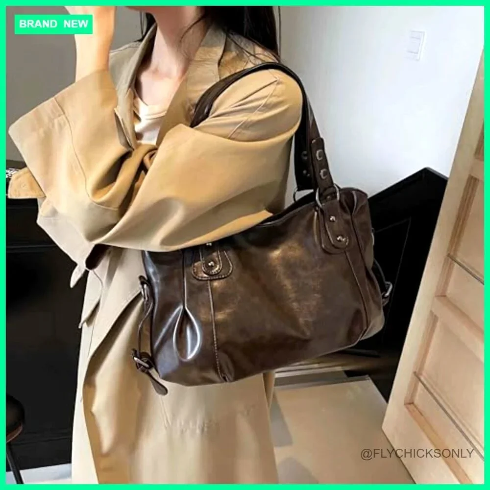 Large Vintage Hobo Shoulder Bag, Vegan Leather Crossbody Purse, Adjustable Strap